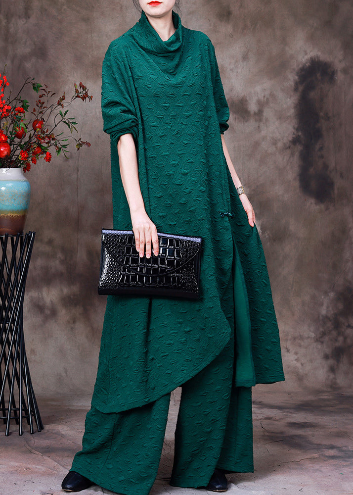 Simple Green Turtleneck Asymmetrical Silk Top and Wide Leg Pants Two Piece Set Fall