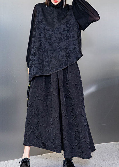 Organic Black Jacquard Asymmetrical Tops Loose Vest a Line Skirt Three Piece Outfit Spring