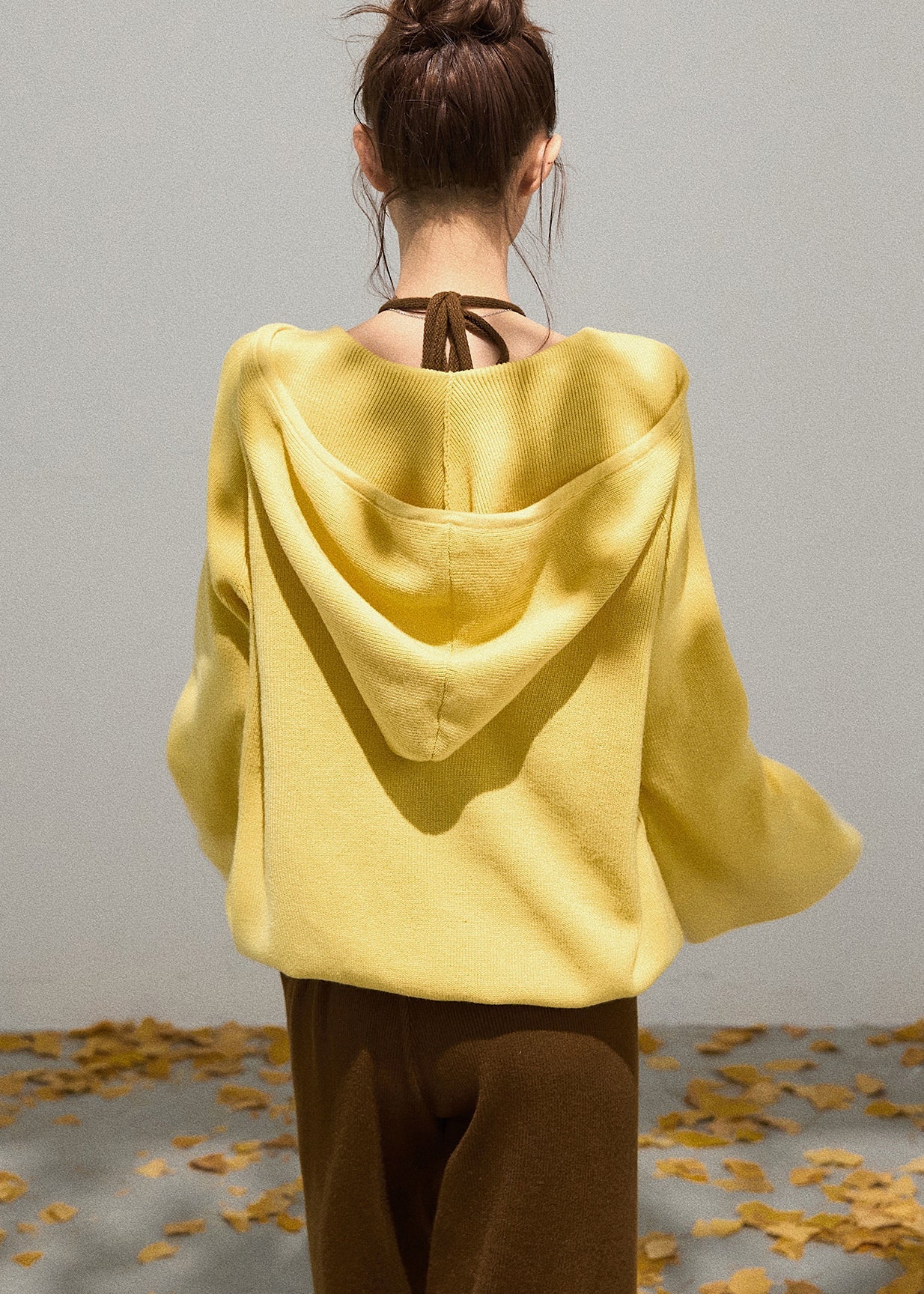 Yellow Hooded Knit Pullover Sweatshirt Fall