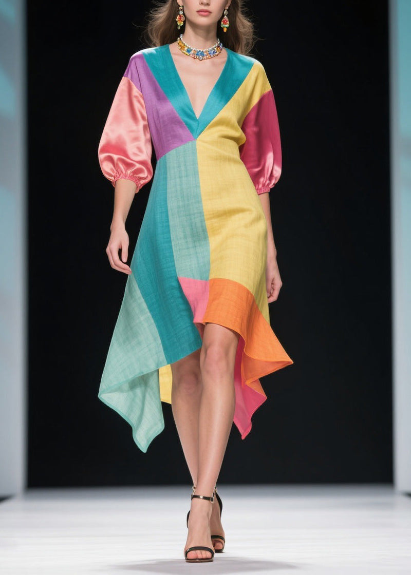 Original Design Colorblock Asymmetrical Patchwork Linen Silk Dress Summer