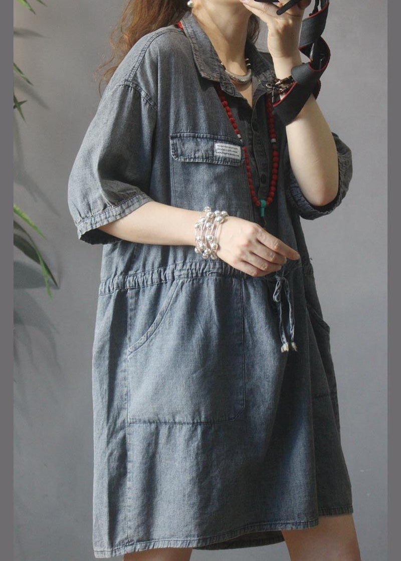 Denim Tie Waist Turn-down Collar Maxi Summer Cotton Dress