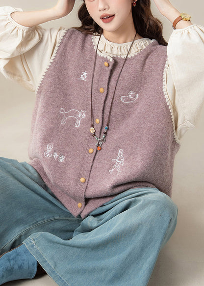 Loose Purple Embroidered Knit Vest and Apricot Ruffled Cotton Shirts Two Pieces Set Spring