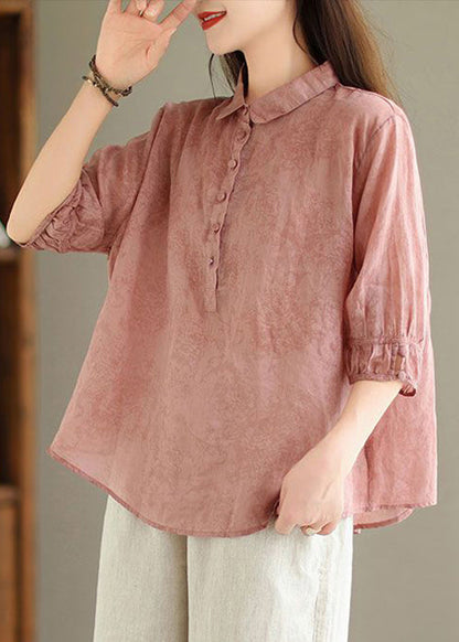 Pink Print Linen Top Button Half Sleeve