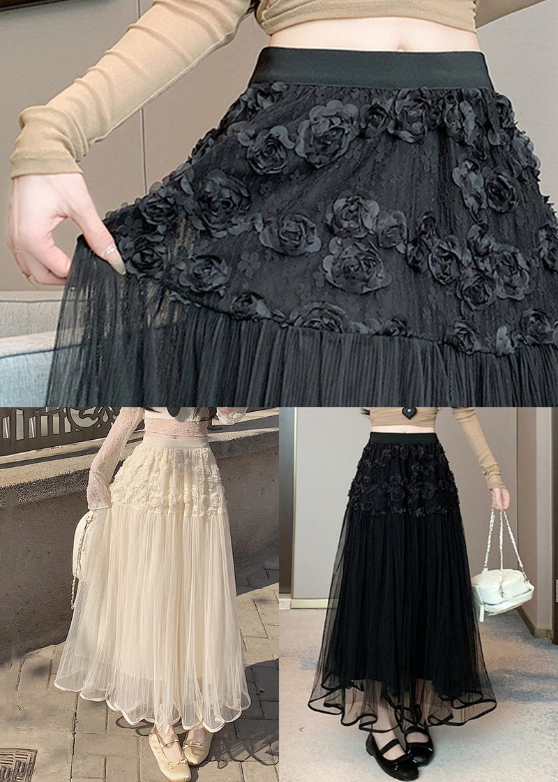 Black Elastic Waist Tulle Summer Skirts Wrinkled