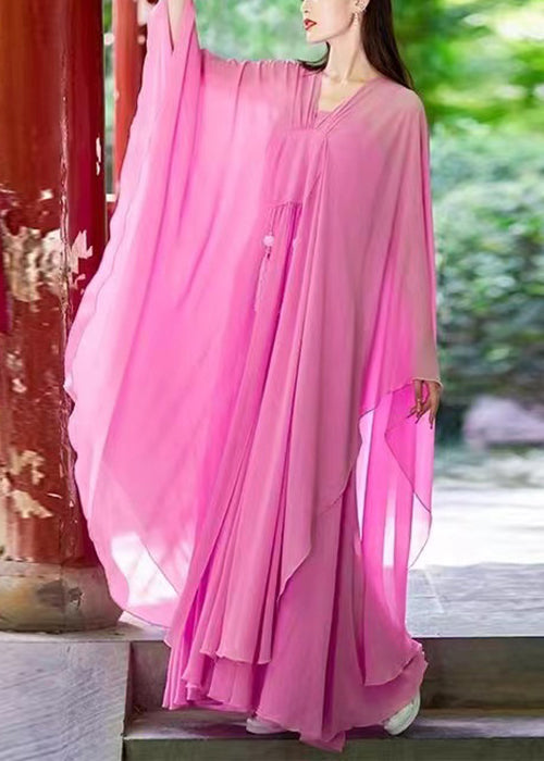 Pink V Neck Tasseled Chiffon Two-piece Set Spring
