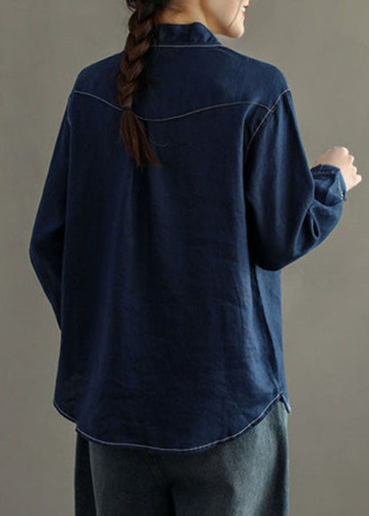 Navy Stand Collar Asymmetrical Patchwork Linen Shirt Top Long Sleeve