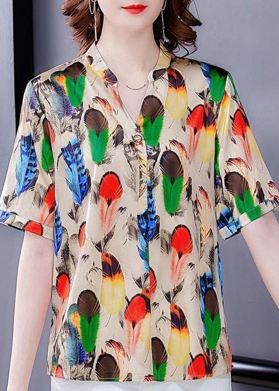 Khaki V Neck Print Silk Shirt Tops Short Sleeve