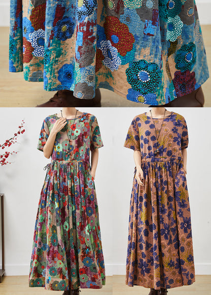 Brown Cinched Print Cotton Long Dresses Summer