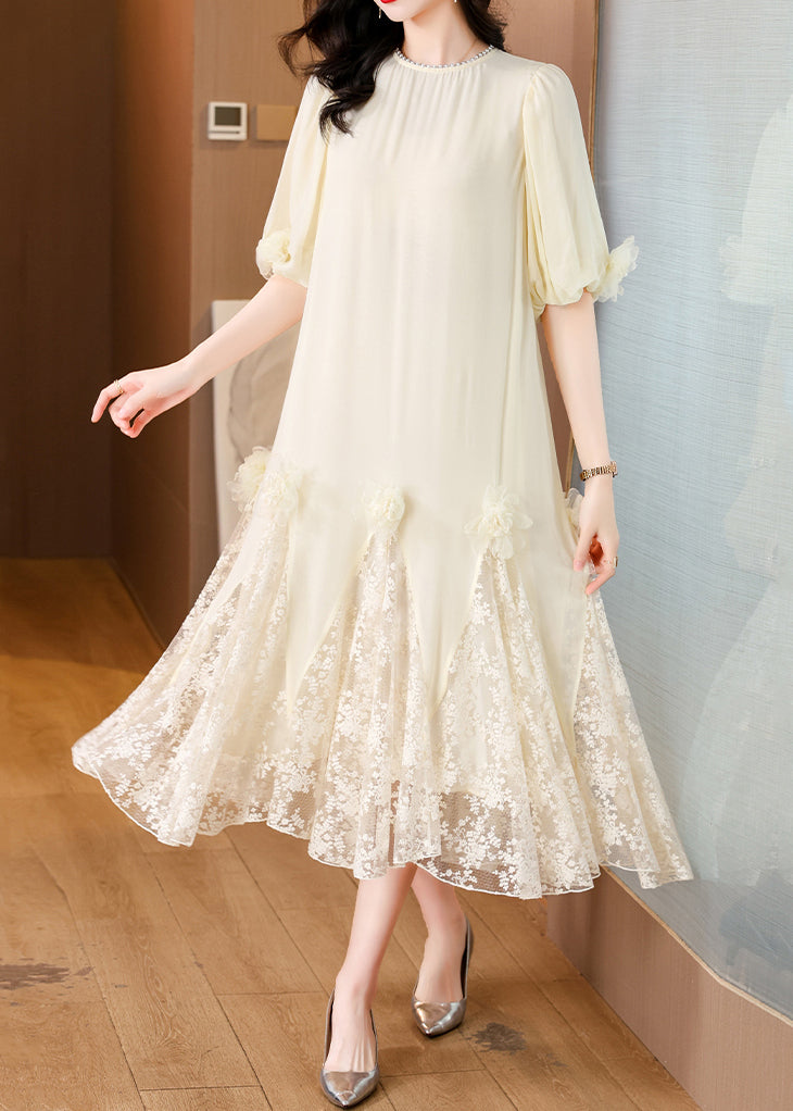Beige Florallace Patchwork Long Dresses O-neck Summer