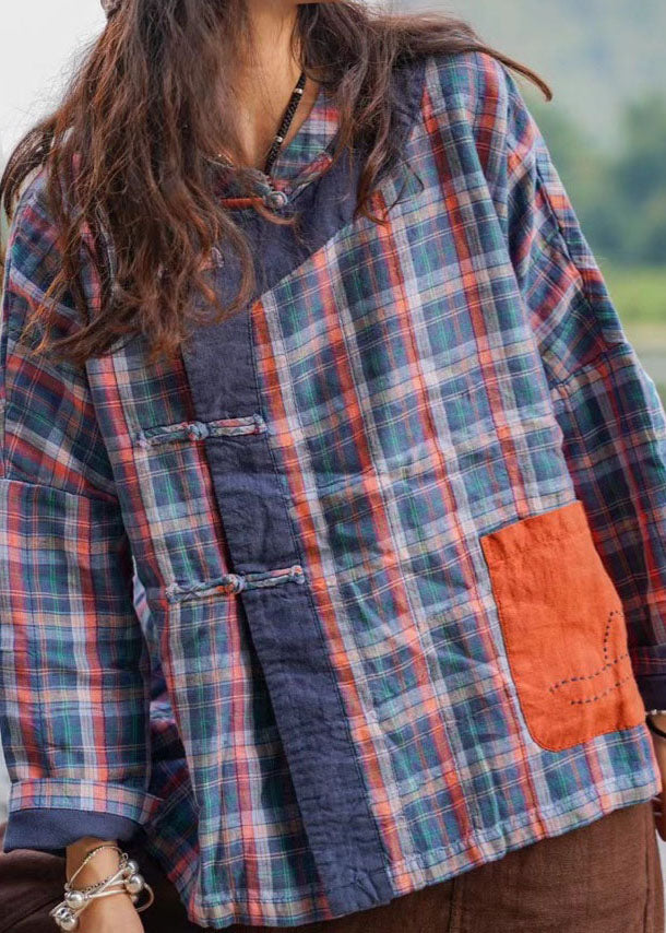 Retro Plaid Patchwork Button Pockets Fall Shirt Top