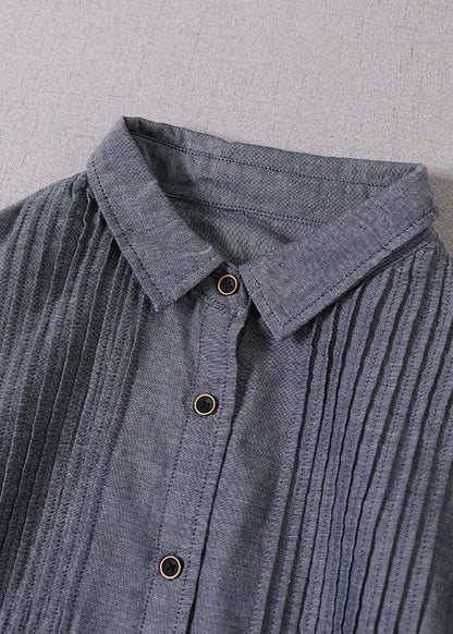 Fitted Grey Peter Pan Collar Wrinkled Cotton Dresses Spring