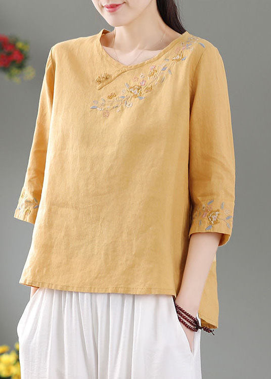Purple Patchwork Linen Shirt Top O-neck Embroideried Three Quarter Sleeve