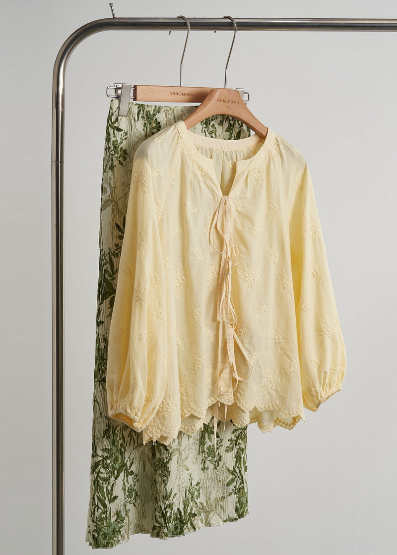 Yellow Embroidered Lace Up Cotton Shirt Top Fall