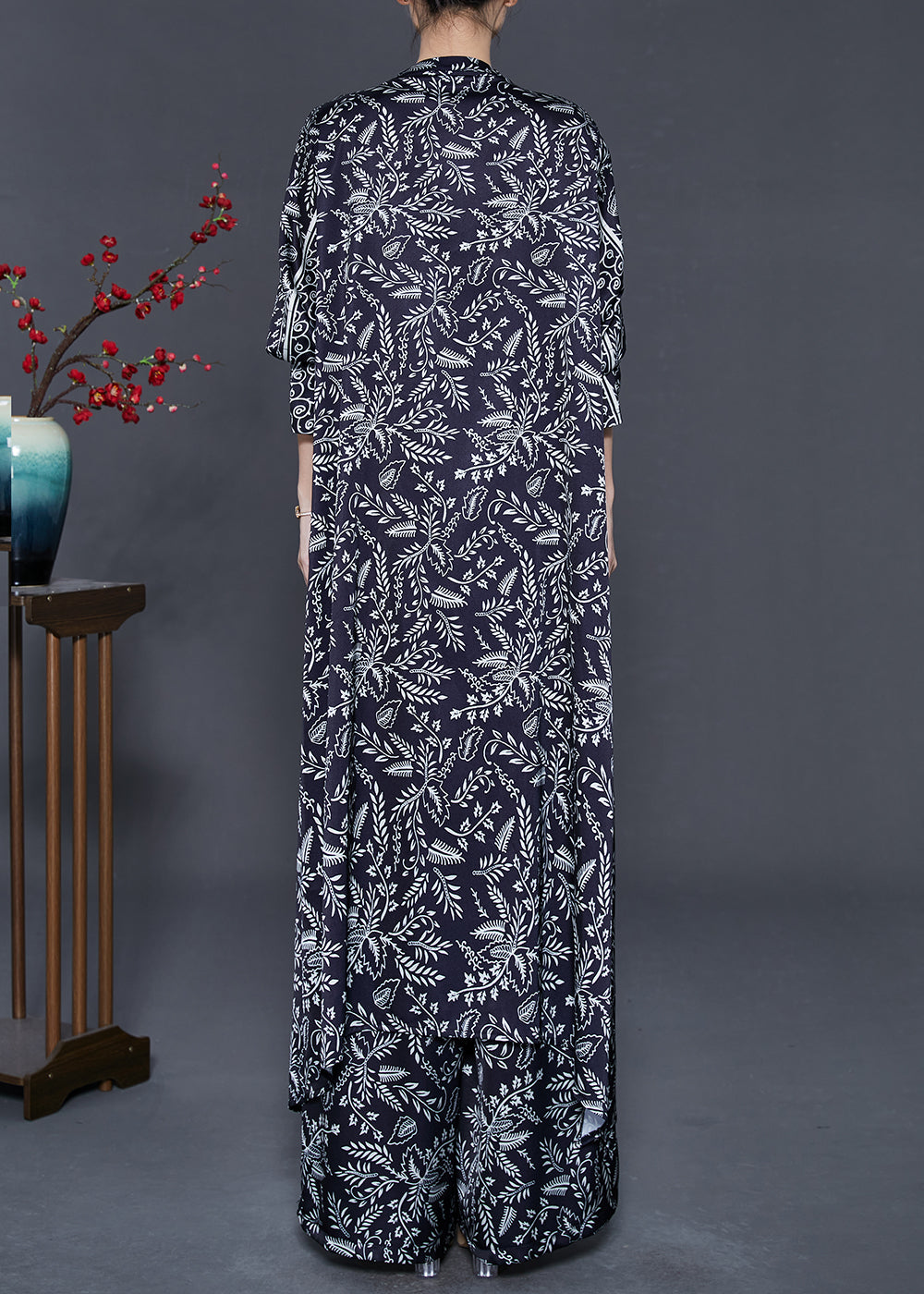 Black V Neck Print Chiffon Two Pieces Set Fall