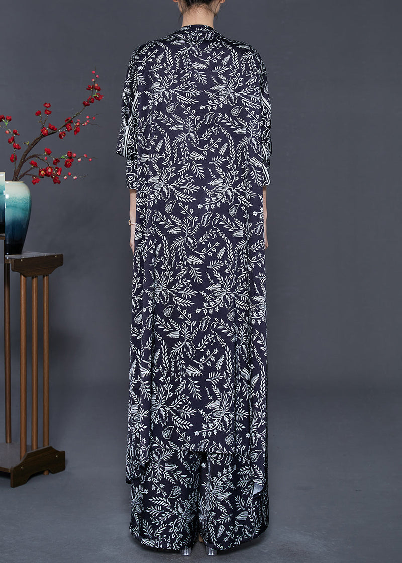Black V Neck Print Chiffon Two Pieces Set Fall