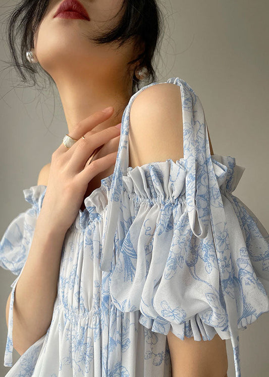 Light Blue Ruffled Wrinkled Print Chiffon Spaghetti Strap Dresses Sleeveless