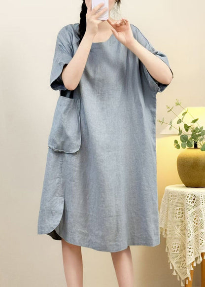 Pink Pockets Side Open Linen Dress Half Sleeve