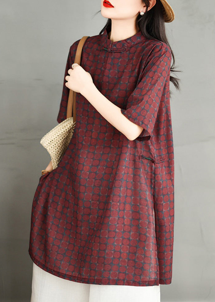 Red Stand Collar Print Side Open Cotton Dress Summer