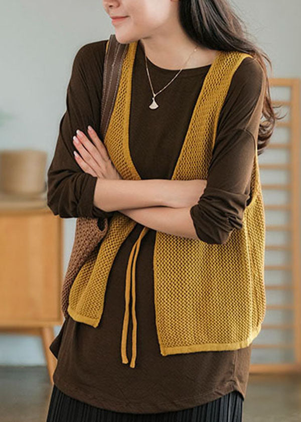 Yellow V Neck Hollow Out Tie Waist Knit Vests Fall