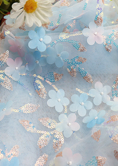 Blue Embroideried Elastic Waist Tulle Maxi Skirt Spring