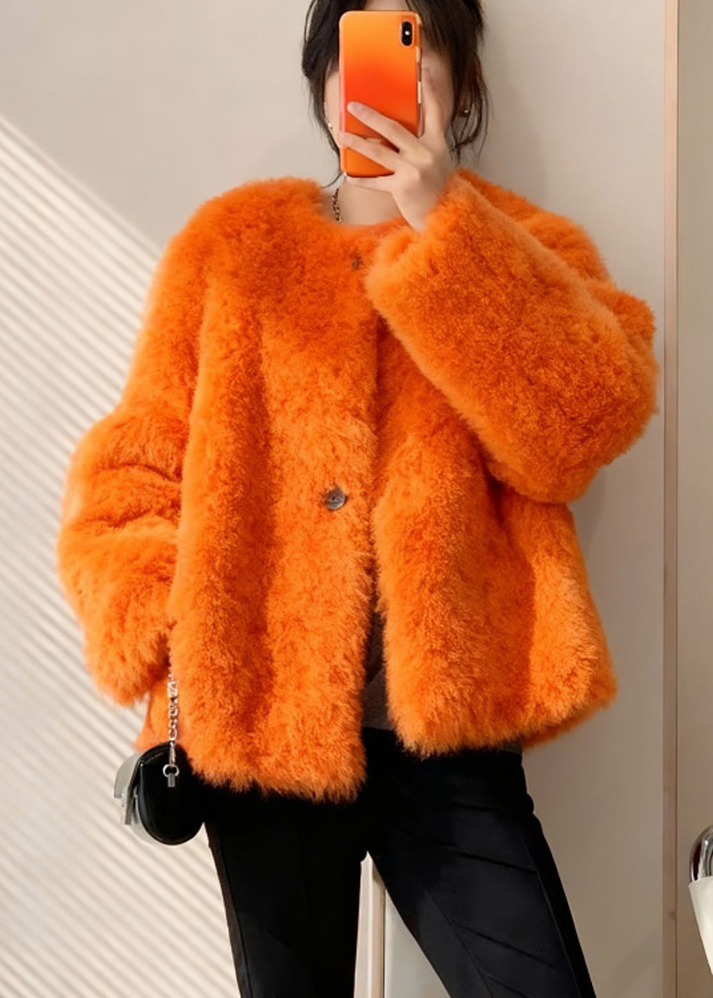 Orange Oversized Warm Faux Fur Coats Winter