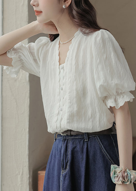 White V Neck Patchwork Lace Top Summer