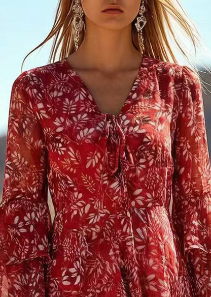 Classy Red V Neck Print Chiffon Holiday Dress Summer
