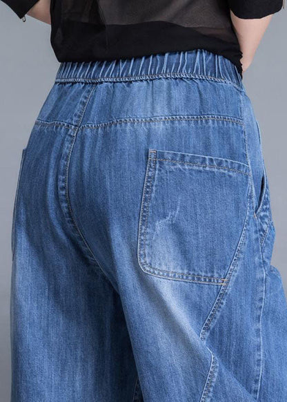 Blue Pockets Patchwork Lantern Fall Denim Pants