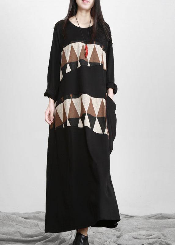 Black Patchwork Print Pockets Asymmetrical Design Maxi Dress Fall