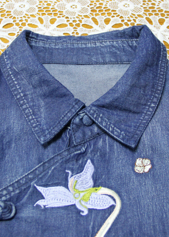 Blue Drawstring Wrinkled Peter Pan Collar Embroideried Patchwork Cotton Maxi Dresses Long Sleeve