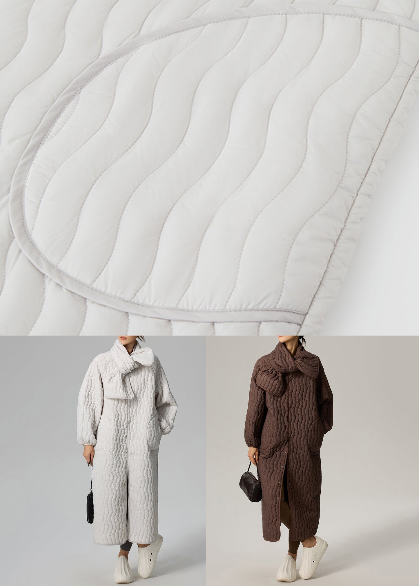 Brown Button Pockets Oversized Cotton Filled Two Pieces Set O Neck
