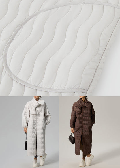 Loose Light Grey Button Scarf and Long Parka Cotton Filled Two Pieces Set Winter