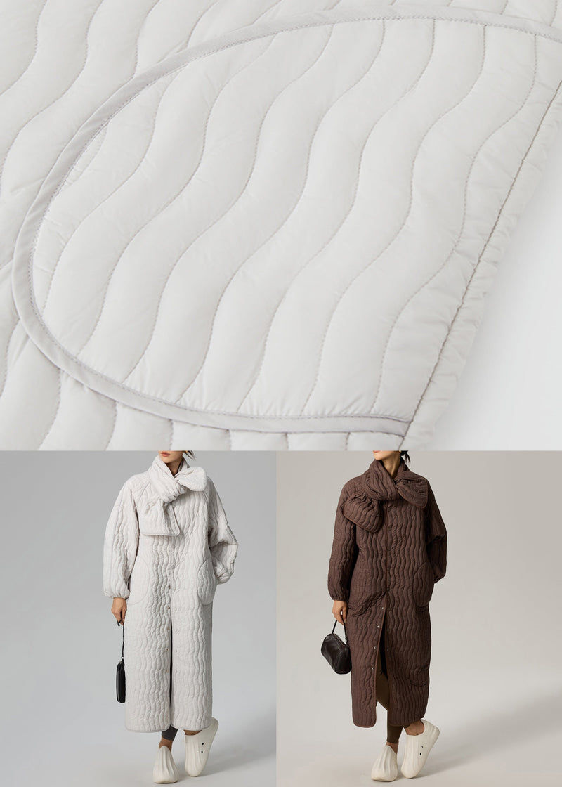 Loose Light Grey Button Scarf and Long Parka Cotton Filled Two Pieces Set Winter