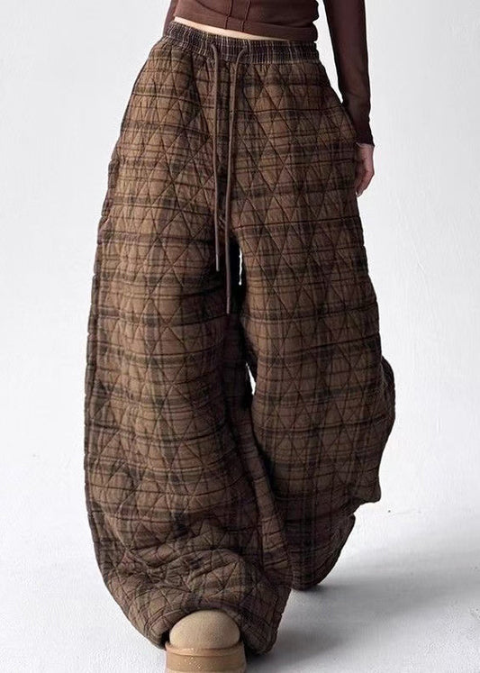 Coffee Plaid Pockets Elastic Waist Cotton Filled Pants Winter