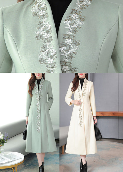 White V Neck Woolen Long Trench Coats Spring