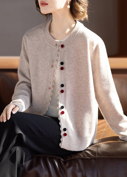 Novelty Beige O-neck Patchwork Cotton Knit Cardigans Fall