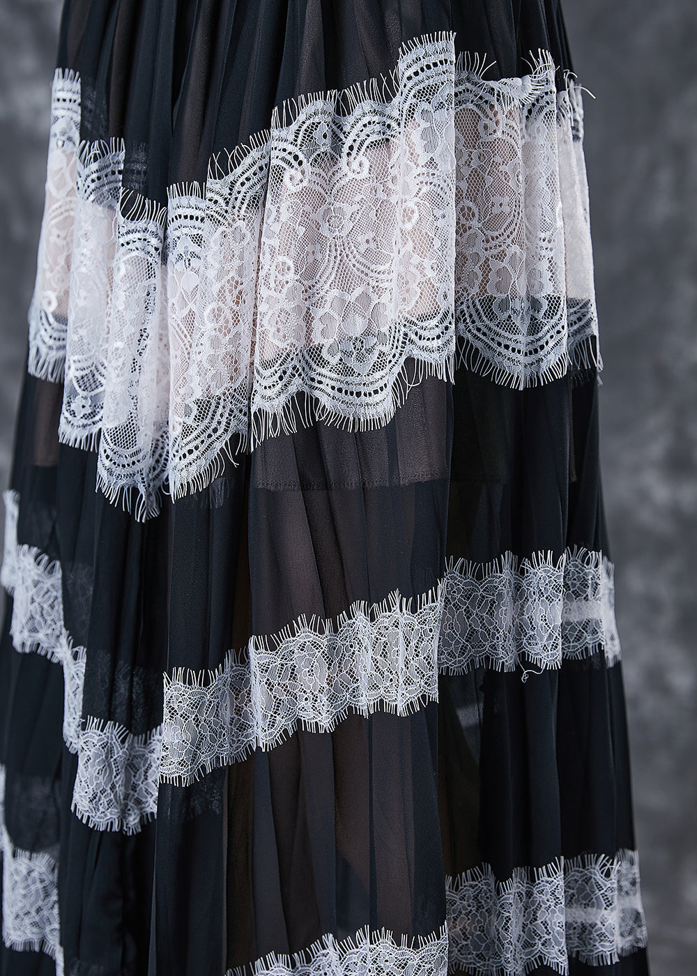 Black Exra Large Hem Patchwork Lace Linen Silk Pleated Dresses Sleeveless