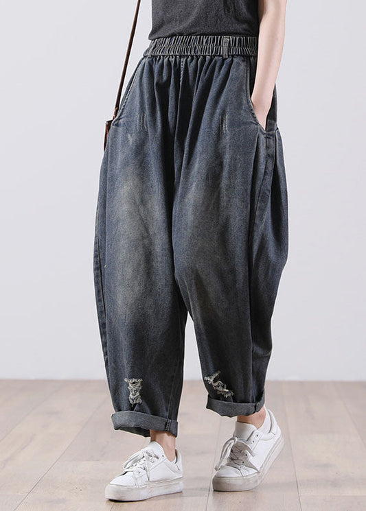 Denim Blue Elastic Waist Pockets Cotton Harem Pants Fall