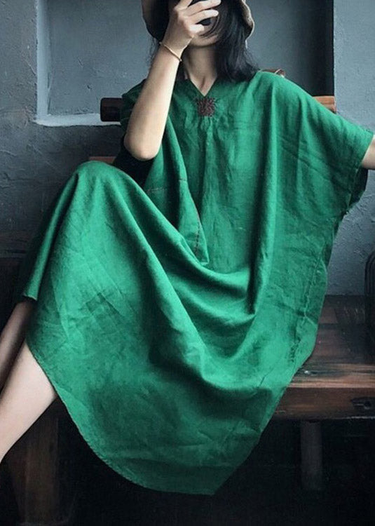Green V Neck Embroideried Pockets Linen Maxi Dresses Short Sleeve