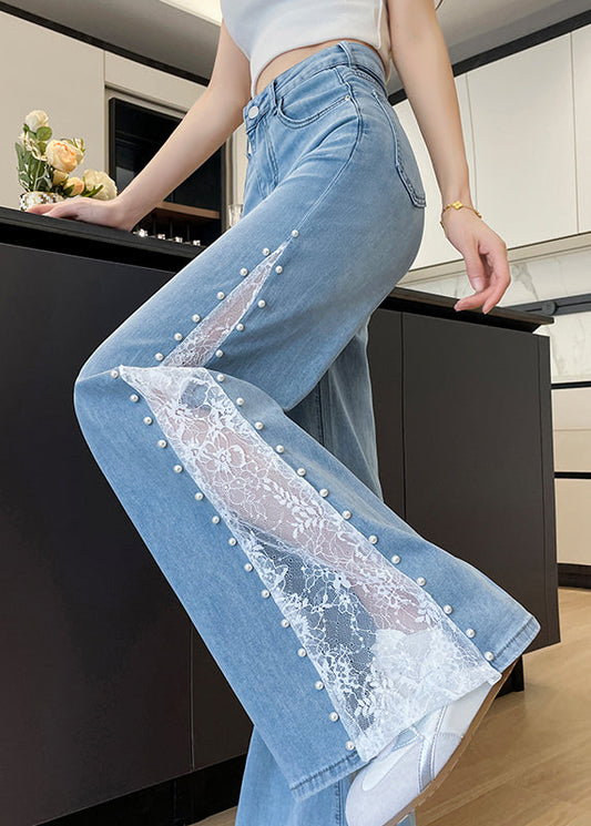 Fine Blue Hollow Out Patchwork Lace Denim Flared Trousers Fall