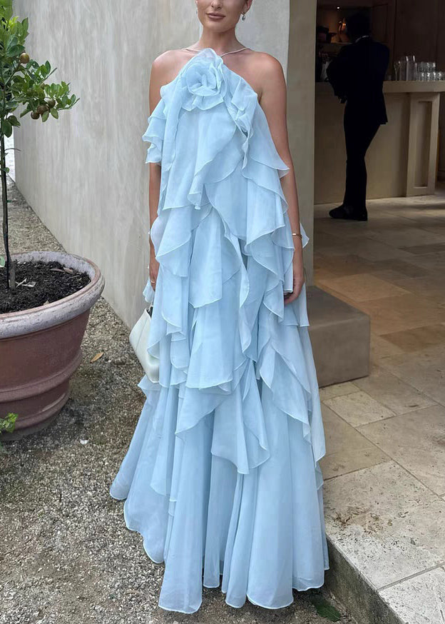 Italian Blue Backless Chiffon Spaghetti Strap Dress Sleeveless