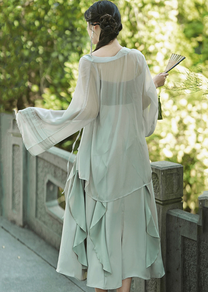 Green Embroideried Ruffled Cardigans and Spaghetti Strap Dress Chiffon Two Pieces Set Fall