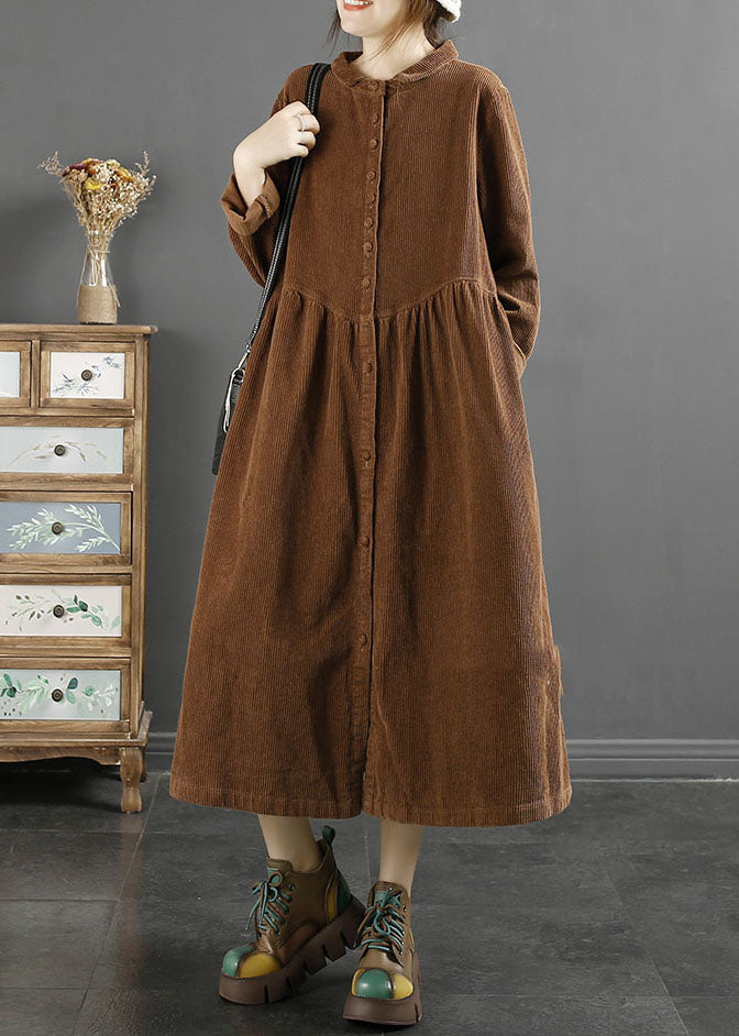 Coffee Square Collar Wrinkled Patchwork Corduroy Long Trench Coats Long Sleeve