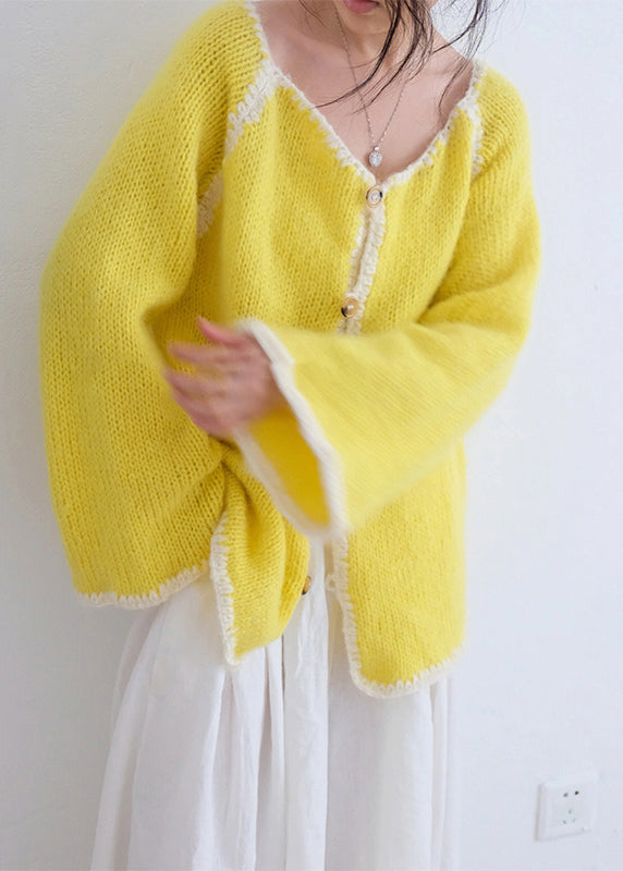 Yellow O Neck Button Knit Cardigans Fall
