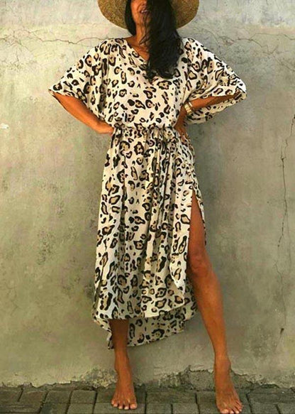 Art Leopard Tie Waist Cotton Dress Summer Beach Gown