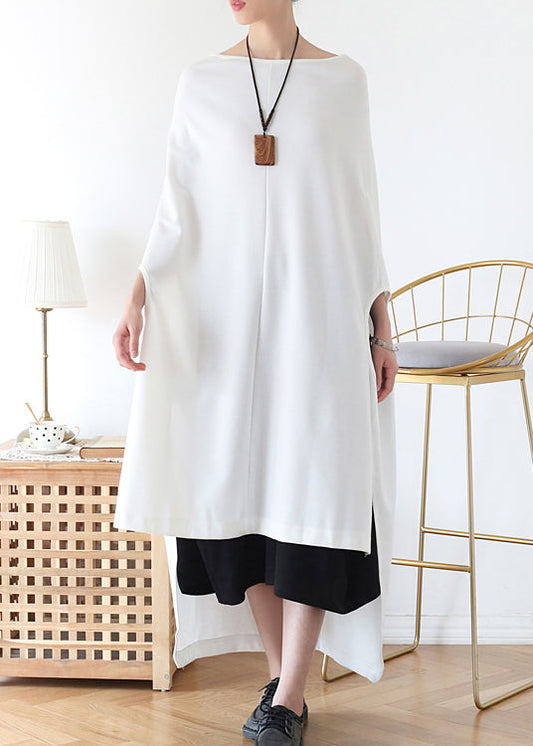 Italian White Slash Neck Asymmetrical Cotton Long Dress Batwing Sleeve