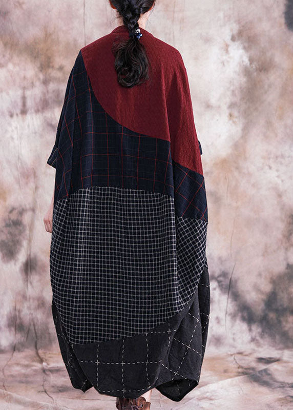Plaid Stripe Patchwork V-neck Half Button Front Maxi Dresses