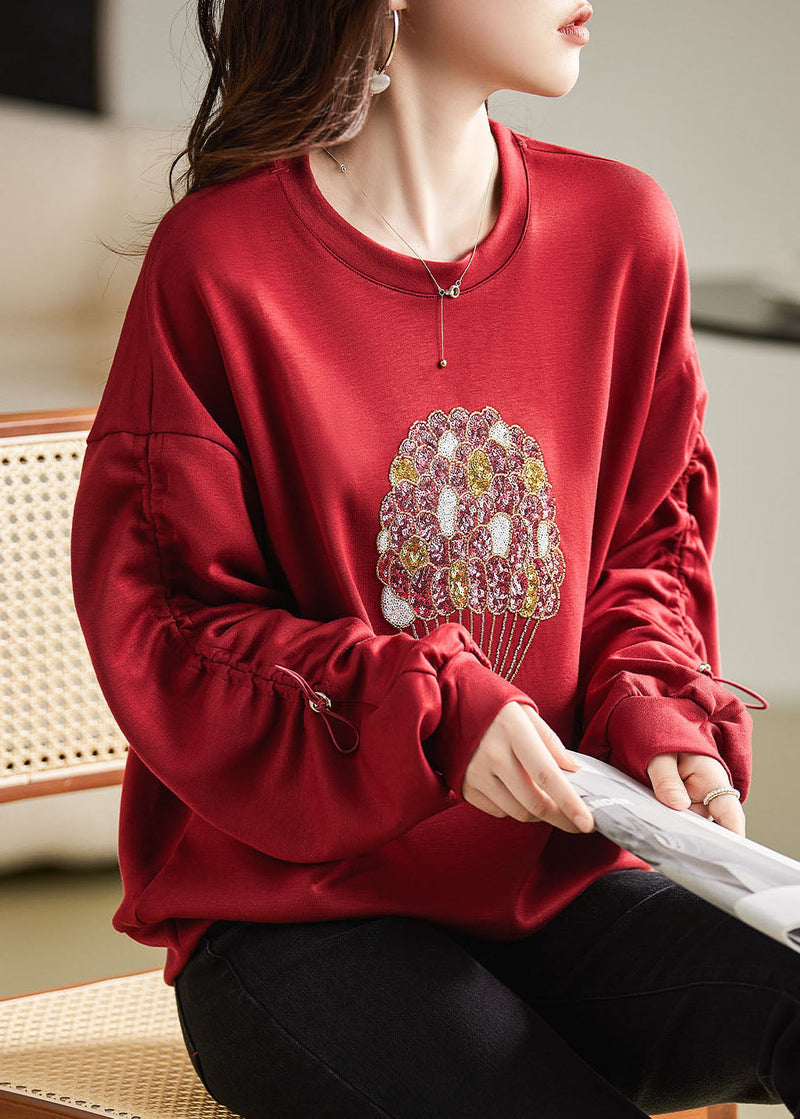 French Red O-neck Nail Bead Cozy Sweatshirt Fall