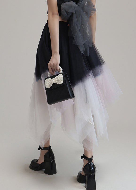 Pink Gradient Color Asymmetrical High Waist Tulle Skirt Summer