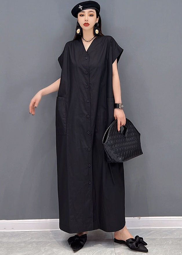 Modern Black V Neck Button Pockets Cotton Long Shirt Dresses Short Sleeve